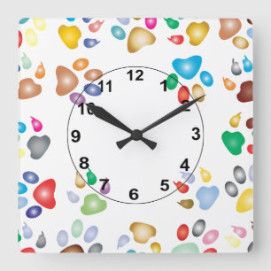Pastel Color Pawprints Quadratische Wanduhr