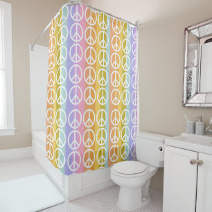 PASTEL COLORED STRIPES WEISSE PEACE SYMBOLE DUSCHVORHANG