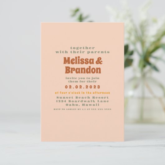 Pastel Colorful 70er Wedding Einladung (Stehend Vorderseite)