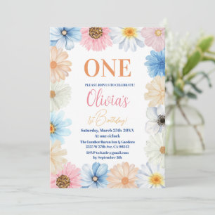 Pastel Colorful Daisy Flower Girl 1. Geburtstag Einladung