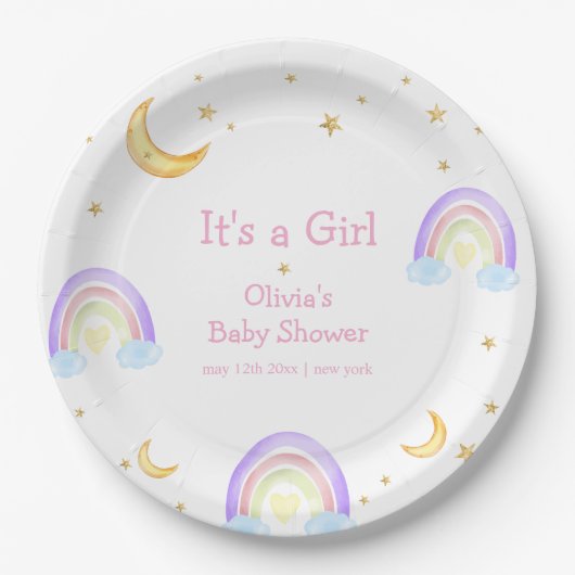 Pastel Colorful Rainbow Moon Star Baby Dusche Pappteller (Vorderseite)