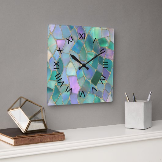 Pastel colors stained glass mosaic pattern quadratische wanduhr (Büro)