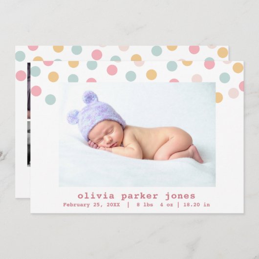 Pastel Confetti Dots Foto Collage Girl Geburt Ankündigung (Vorne/Hinten)