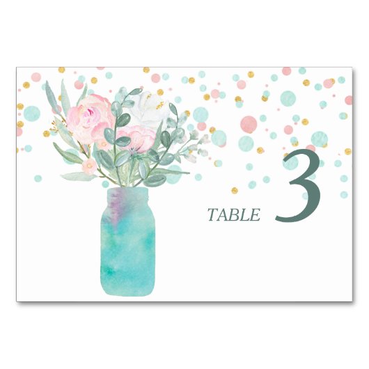 Pastel Confetti Mason Jar Wedding Table Tischnummer (Rückseite)