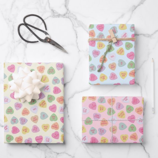 Pastel Conversation Candy Hearts Gift Wrap Geschenkpapier Set (Vorderseite)