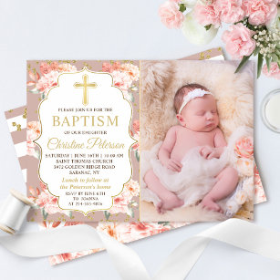 Pastel Coral Floral Gold Cross Girl Taufe Foto Einladung