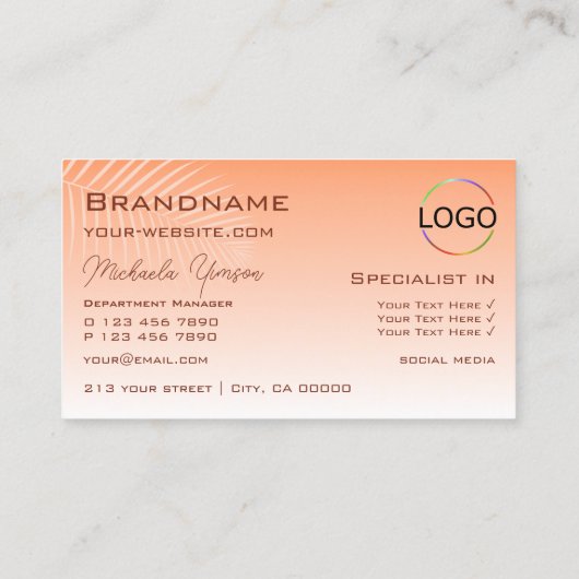 Pastel Coral Gradient Palm Leaf Monogramm und Logo Visitenkarte (Rückseite)