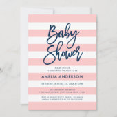 Pastel Coral Pink White Stripes Blue Baby Dusche Einladung (Vorderseite)