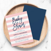 Pastel Coral Pink White Stripes Blue Baby Dusche Einladung