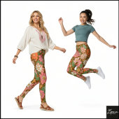 Pastel Coral Retro Floral Daisy Backdrop - Brown Leggings