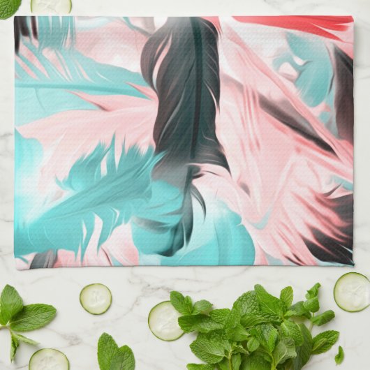 Pastel Coral Teal Feather Geschirrtuch (Gefaltet)
