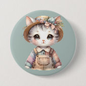 Pastel-Cotattecore-Katze in Overalls & Strohhut Button (Vorderseite)