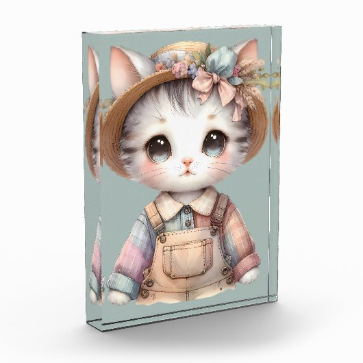 Pastel-Cotattecore-Katze in Overalls & Strohhut Fotoblock (Links)
