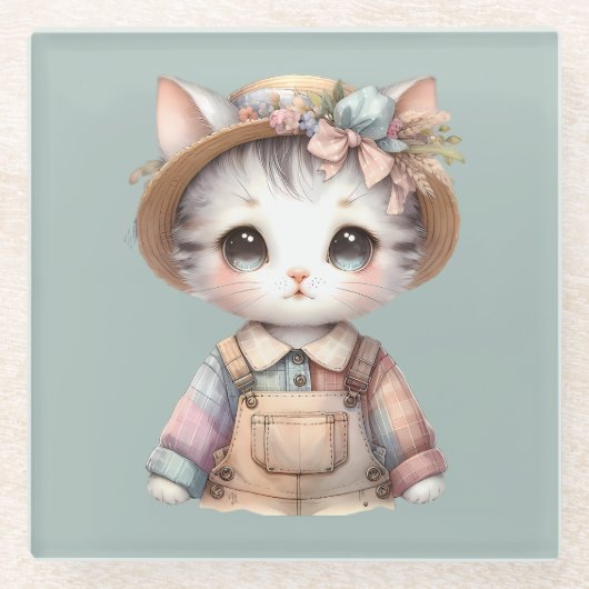 Pastel-Cotattecore-Katze in Overalls & Strohhut Glasuntersetzer (Vorderseite)
