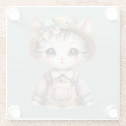 Pastel-Cotattecore-Katze in Overalls & Strohhut Glasuntersetzer (Rückseite)