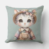 Pastel-Cotattecore-Katze in Overalls & Strohhut Kissen (Vorderseite)