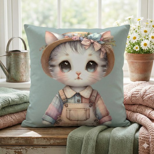 Pastel-Cotattecore-Katze in Overalls & Strohhut Kissen