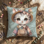 Pastel-Cotattecore-Katze in Overalls & Strohhut Kissen