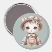 Pastel-Cotattecore-Katze in Overalls & Strohhut Magnet (Vorderseite/Rückseite)