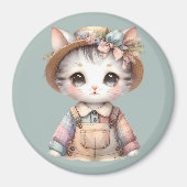 Pastel-Cotattecore-Katze in Overalls & Strohhut Magnet (Vorne)