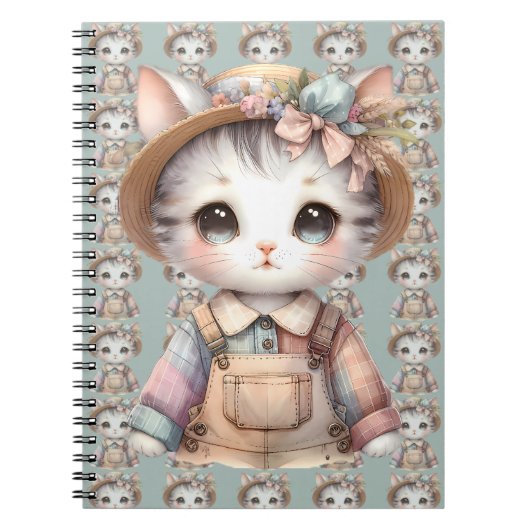 Pastel-Cotattecore-Katze in Overalls & Strohhut Notizblock (Vorderseite)