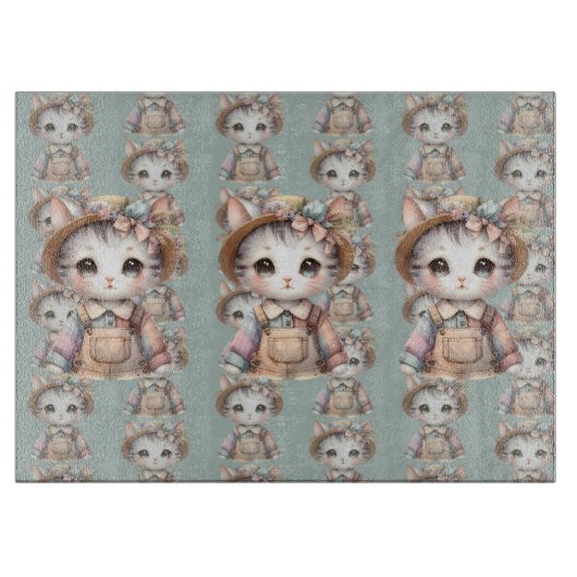 Pastel-Cotattecore-Katze in Overalls & Strohhut Schneidebrett (Vorderseite)