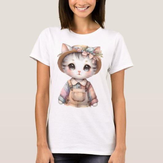 Pastel-Cotattecore-Katze in Overalls & Strohhut T-Shirt (Vorderseite)
