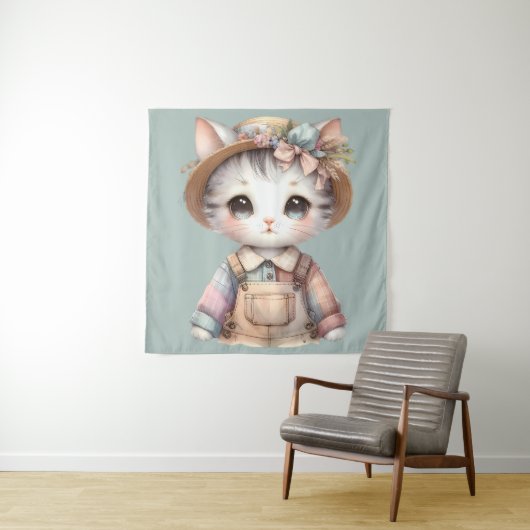 Pastel-Cotattecore-Katze in Overalls & Strohhut Wandteppich (Beispiel)