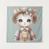 Pastel-Cotattecore-Katze in Overalls & Strohhut Wandteppich (Vorderseite)