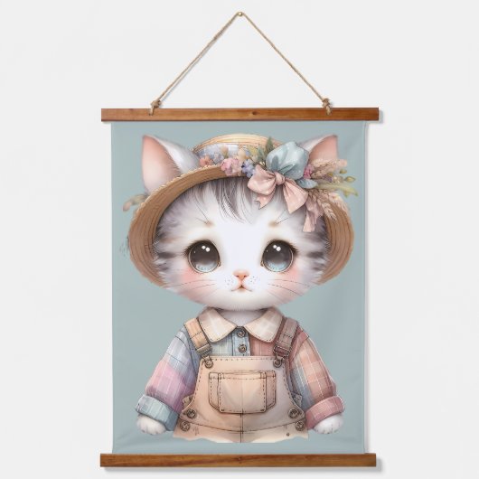 Pastel-Cotattecore-Katze in Overalls & Strohhut Wandteppich Mit Holzrahmen (Vorderseite)