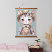 Pastel-Cotattecore-Katze in Overalls & Strohhut Wandteppich Mit Holzrahmen (Schlafzimmer)