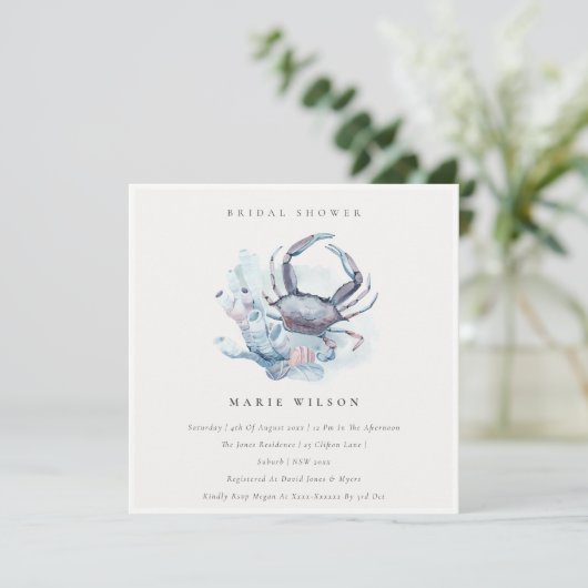 Pastel Crab Coral Nautical Brautparty Einladung (Stehend Vorderseite)