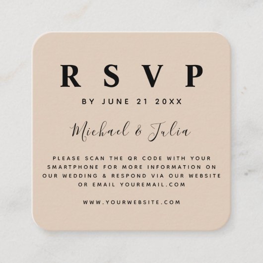 Pastel Cream Beige QR Code Wedding RSVP Chic Begleitkarte (Vorderseite)