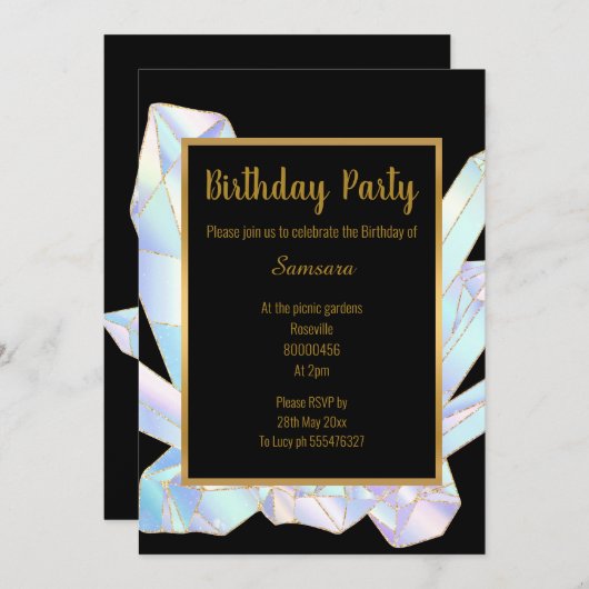 PASTEL CRYSTAL BIRTHDAY PARTY BLACK GOLD EINLADUNG (Vorne/Hinten)