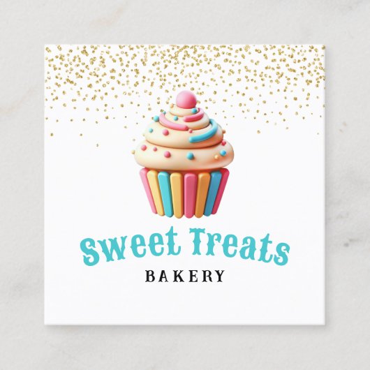Pastel Cupcake Gold Confetti Bäckerei & Konditorei Quadratische Visitenkarte (Vorderseite)