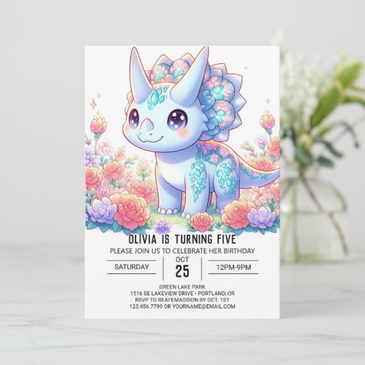 Pastel Custom Dinosaur Digital Geburtstag Einladung (Stehend Vorderseite)