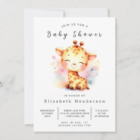 Pastel Custom Giraffe Baby Dusche Einladung (Vorderseite)
