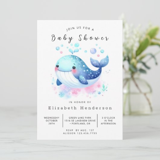 Pastel Custom Whale Baby Dusche Einladung (Stehend Vorderseite)