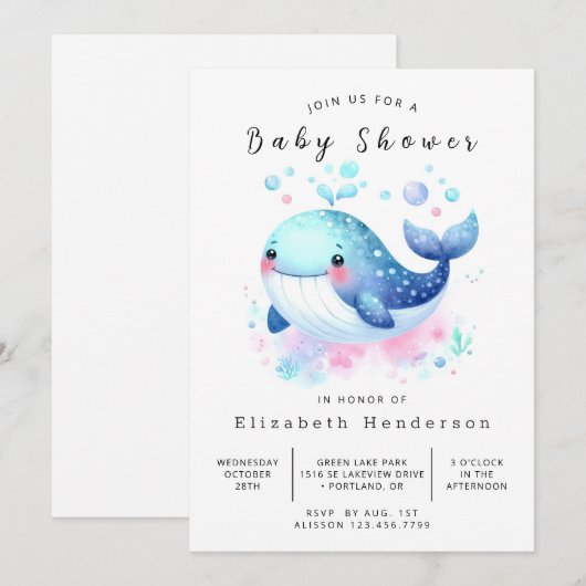 Pastel Custom Whale Baby Dusche Einladung (Vorne/Hinten)