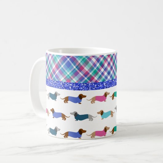 Pastel Dackel Kariert Glitzer Tasse (Vorderseite Links)