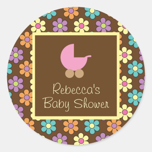 Pastel Daisy Muster Brown mit Pink Baby Carriage Runder Aufkleber (Vorderseite)