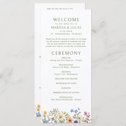 Pastel Delicate Wildblumen Hochzeitsprogramm (Vorne/Hinten)