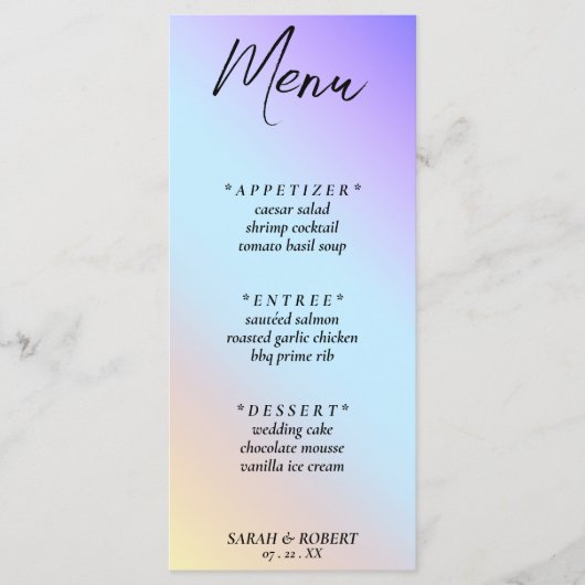 Pastel Diagonal Ombre Rainbow Wedding Menükarte (Vorderseite)