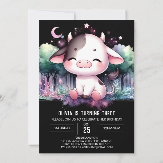 Pastel Digital Cow Geburtstag Einladung (Vorderseite)