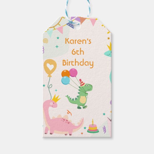 Pastel Dino Birthday Stickers Geschenkanhänger (Vorderseite)
