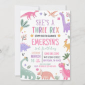 Pastel Dinosaur Birthday Einladung Girl Three Rex (Vorderseite)