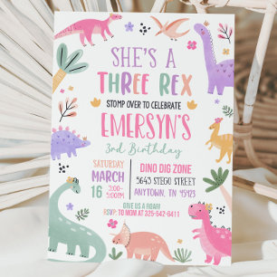 Pastel Dinosaur Birthday Einladung Girl Three Rex