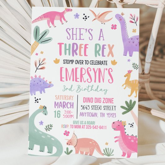 Pastel Dinosaur Birthday Einladung Girl Three Rex