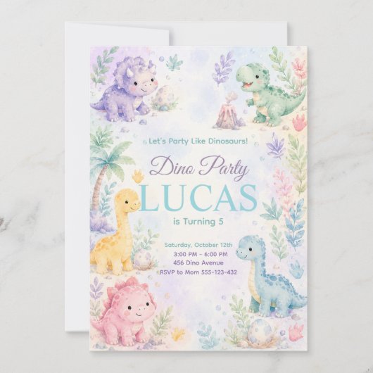 Pastel Dinosaur Birthday Invitation Editable Einladung (Vorderseite)