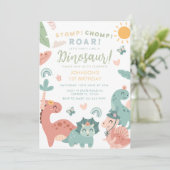 Pastel Dinosaur Stomp Chomp Roar 1. Geburtstag Einladung (Stehend Vorderseite)